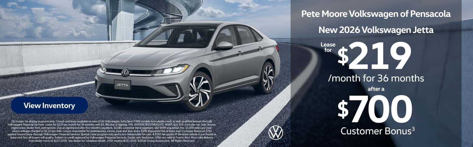 NEW 2026 VOLKSWAGEN JETTA "LEASE FOR $219/MO FOR 36 MONTHS AFTER A $700 Customer Bonus (3) "