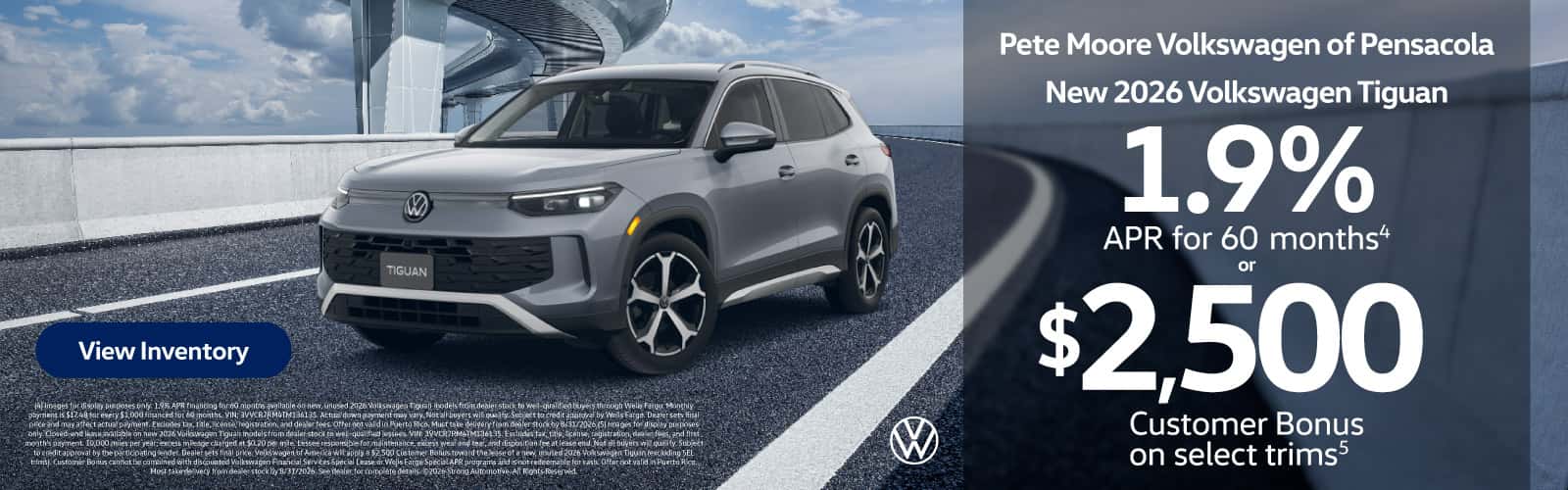 NEW 2026 VOLKSWAGEN TIGUAN "1.9% APR FOR 60 MONTHS (4) OR $2,500 Customer Bonus on select trims (5) "
