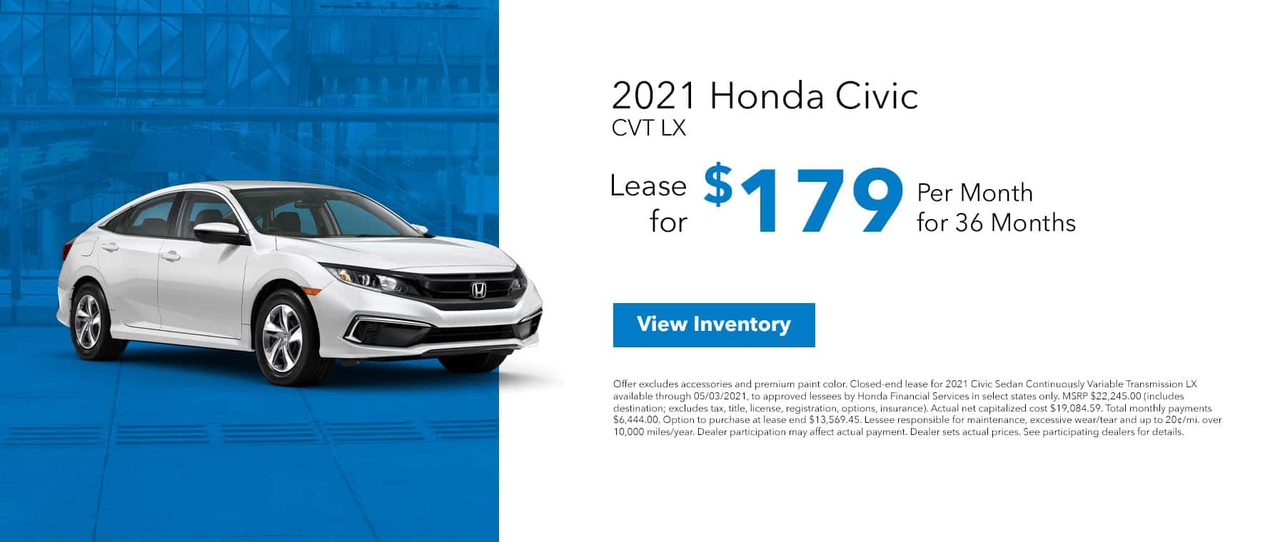 New 2021 Honda Civic, Lease for $179/mo for 36 months