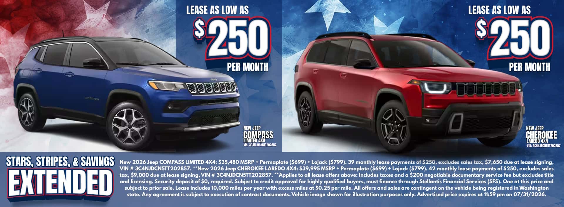 Lease New 2026 Jeep Compass and Jeep Cherokee for $250/mo