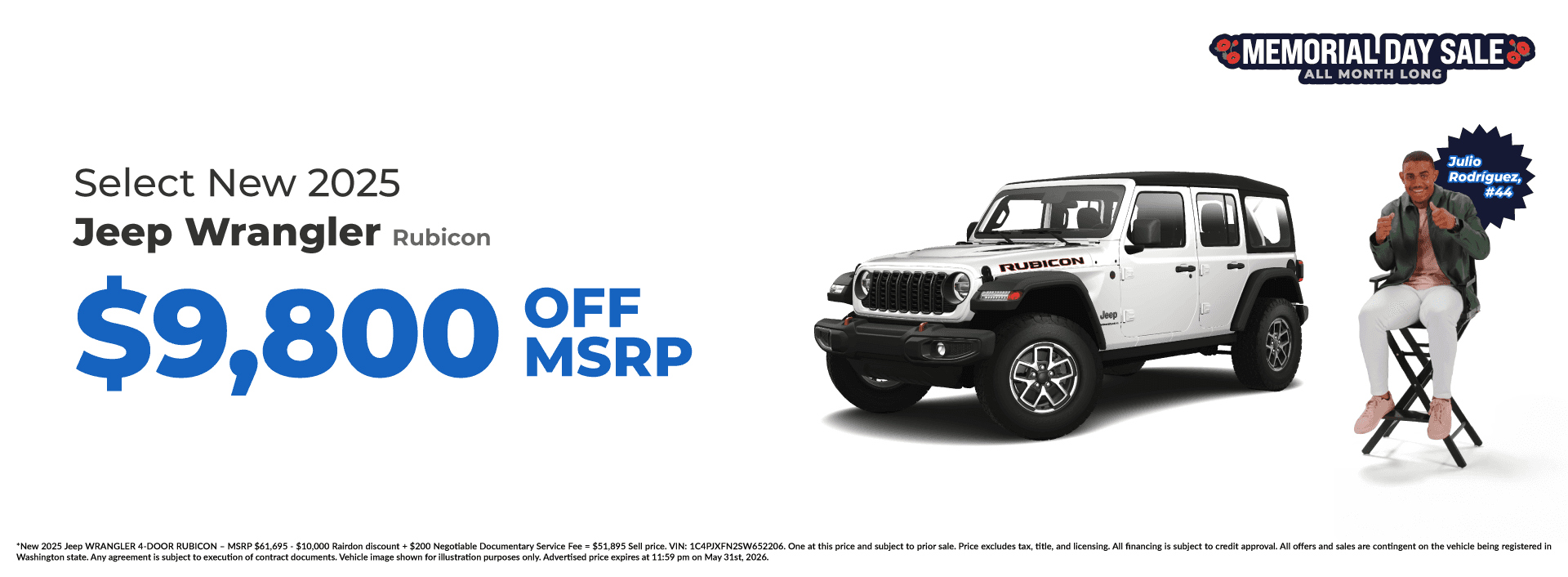 Get $9,800 off MSRP Select New 2025 Jeep Wrangler Rubicon