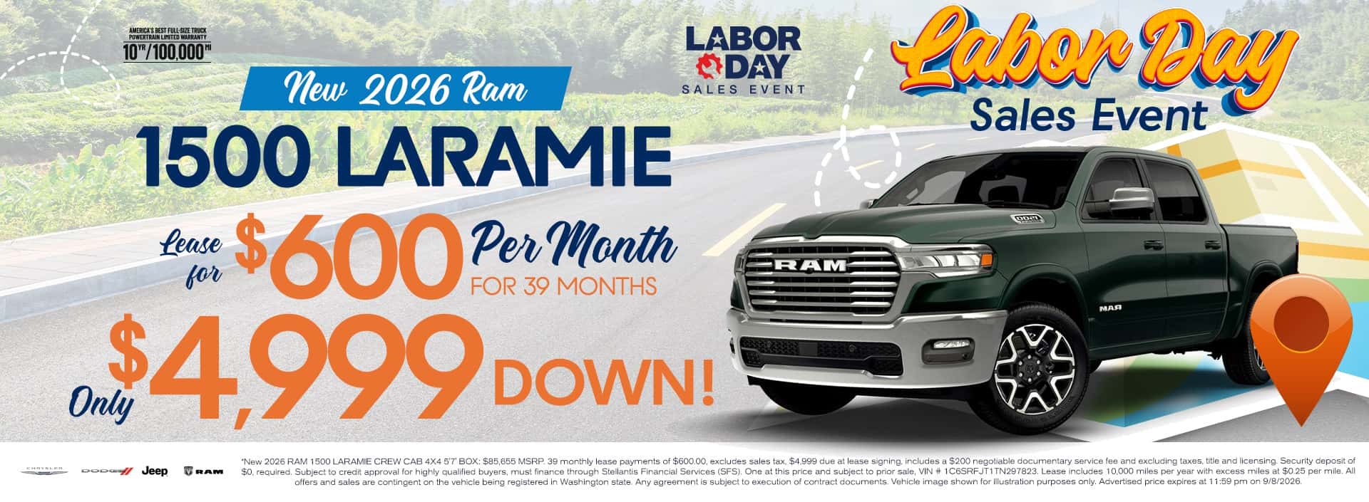 Lease New 2026 RAM 1500 Laramie for $600/mo* for 39 months with Only $4,999 Down