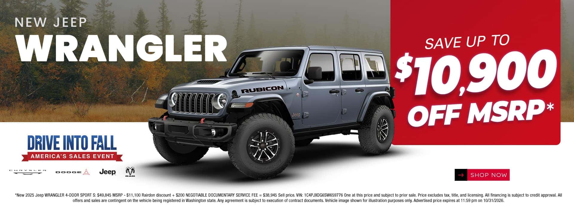 $10,900 off MSRP* on New Jeep Wrangler