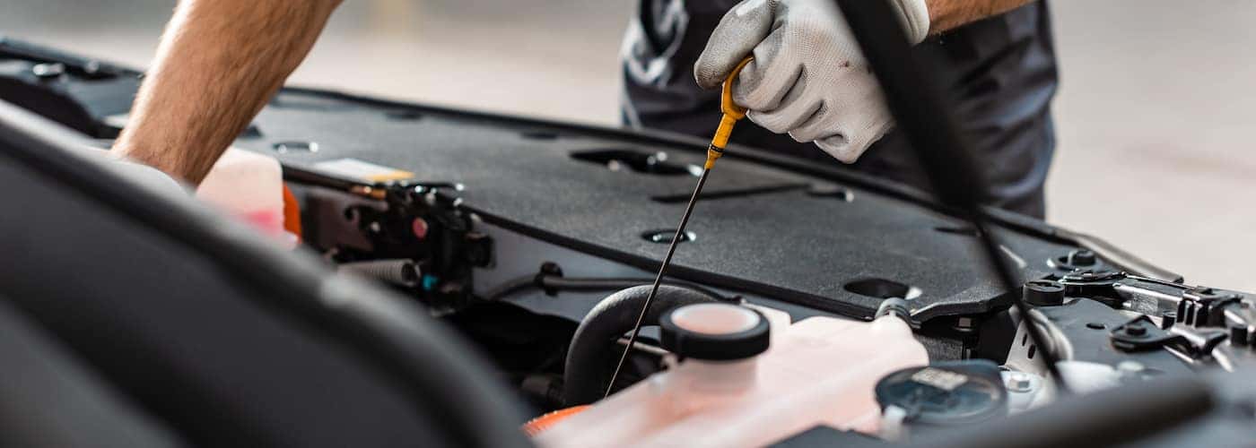 partial view of mechanic checking oil