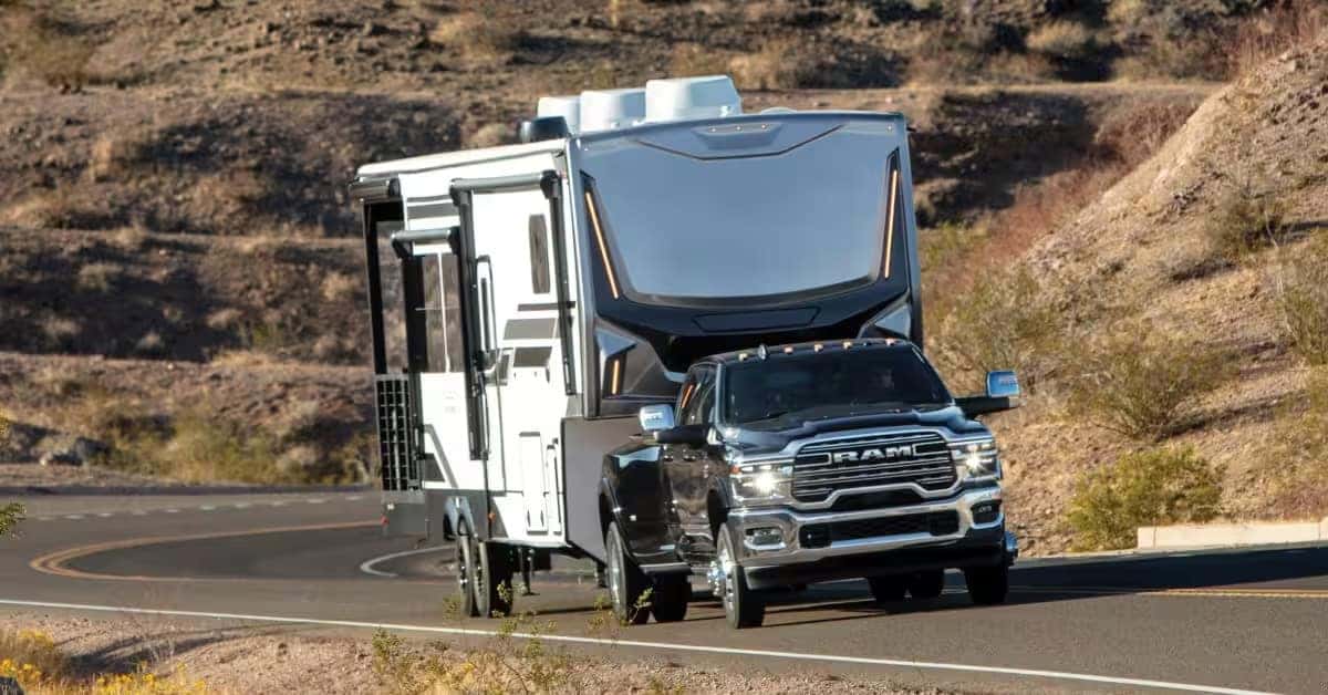 2026 RAM 3500 towing a large trailer