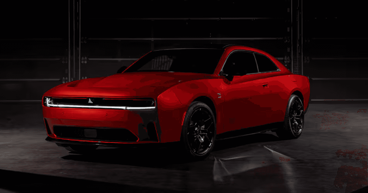 2024 Dodge Charger Daytona EV in the dark with it's lights illuminating