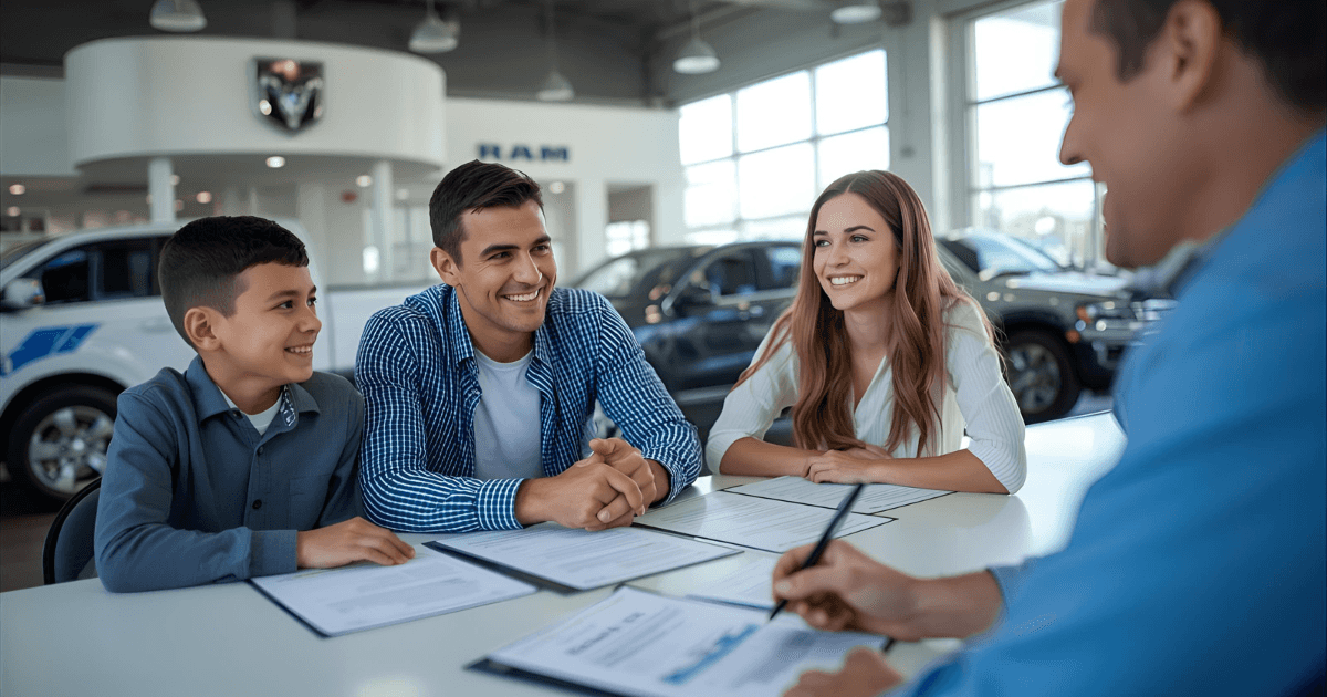 A family in a Ram dealership looking to purchase a car