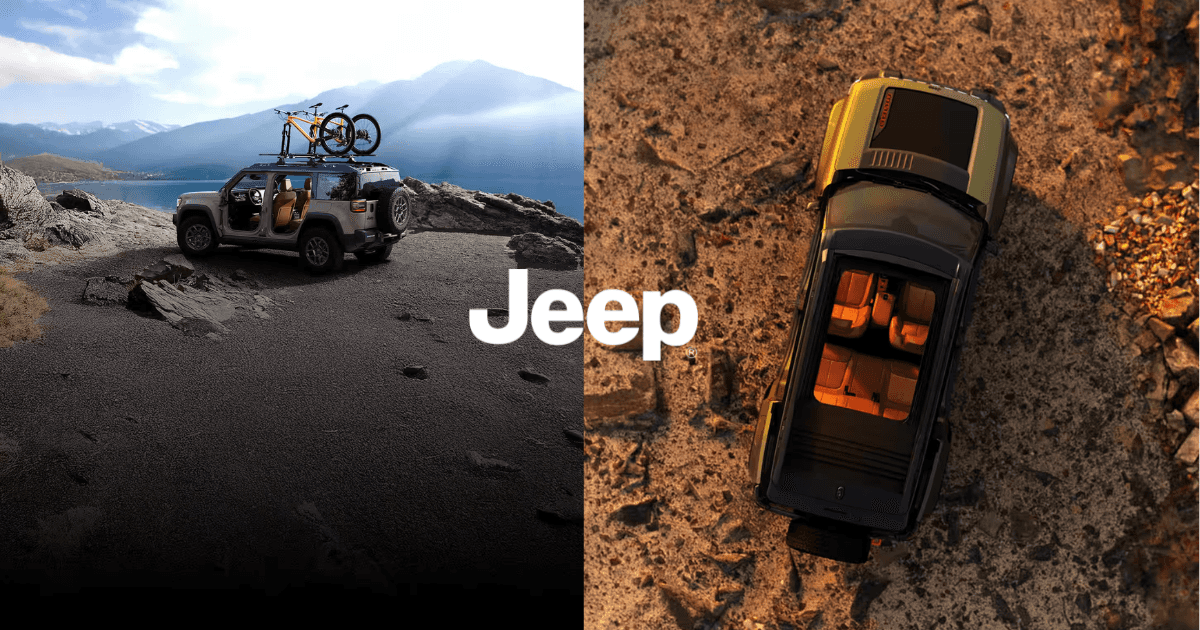 2026 Jeep Recon on a mountainside with the doors off and bikes on the roof. Additionally a shot from the top showing the moon roof