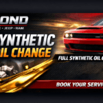 Synthetic oil change during a gold colored oil with a red dodge in the background