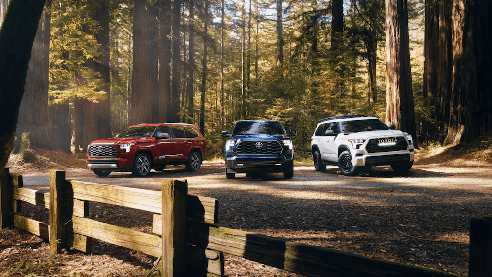 2026 Toyota Sequoia Capstone shown in Supersonic Red, Platinum shown in Blueprint, and TRD Pro shown in Ice Cap for sale near Greenville