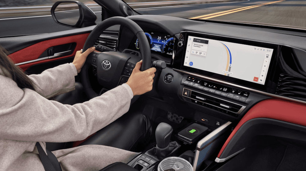2026 Toyota Camry XSE interior shown in Cockpit Red leather trim for sale near Mesquite, TX